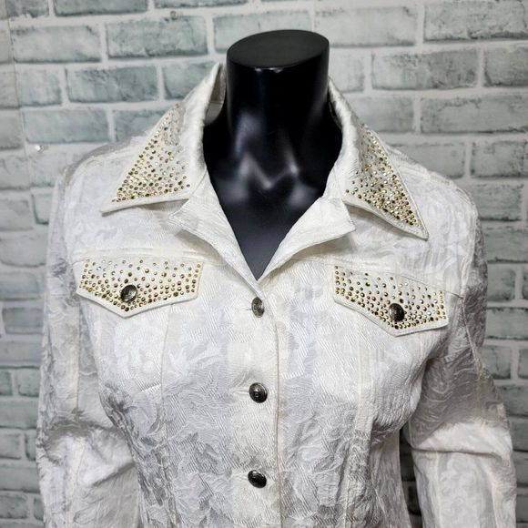 Vintage 90s Christine Alexander S White Filigree‎ Denim Studded Western Jacket - Picture 3 of 10